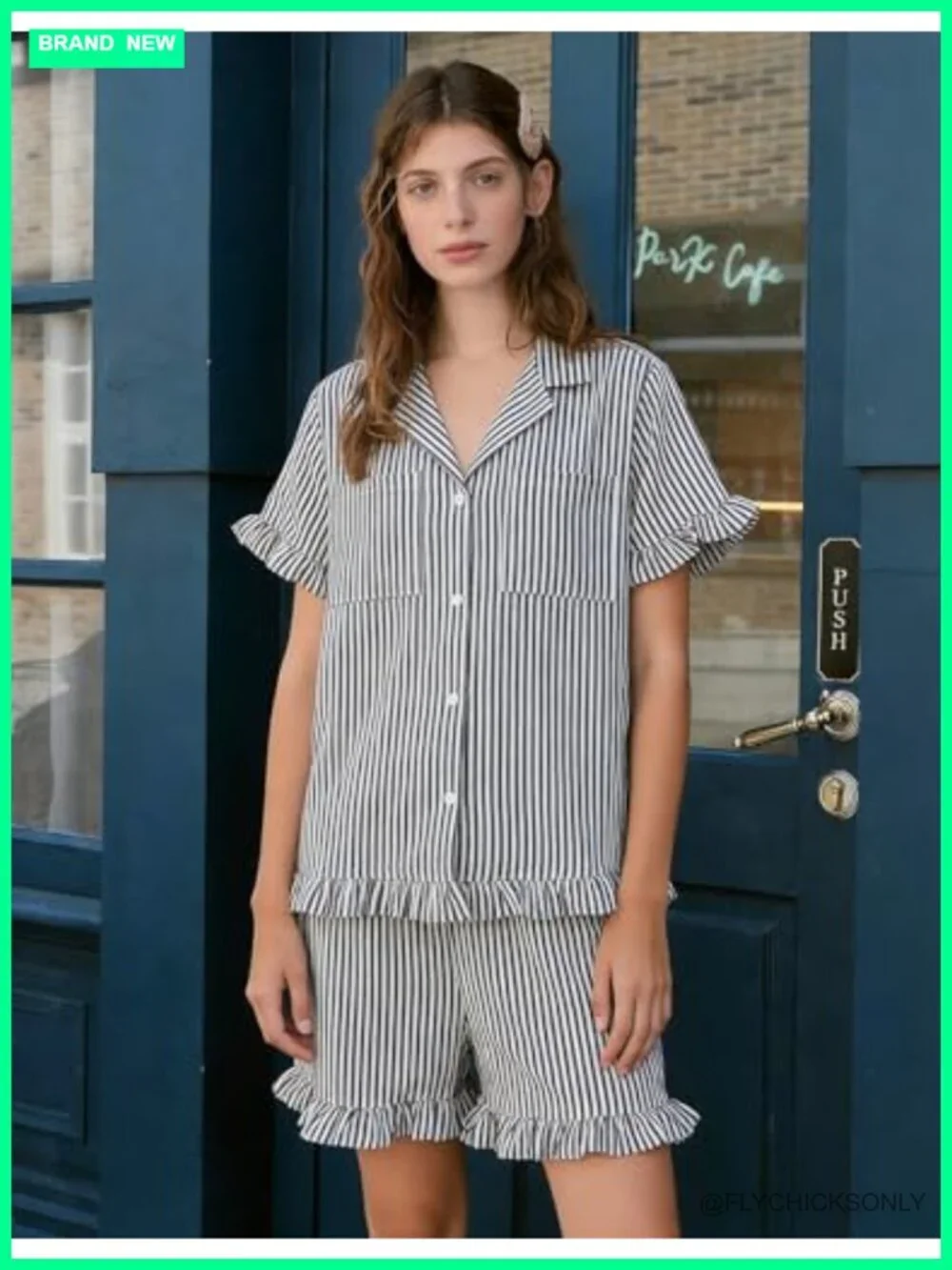 Striped Pajamas for Women Short Sleeve Ruffle Set 2 Piece Cotton Lounge Pjs